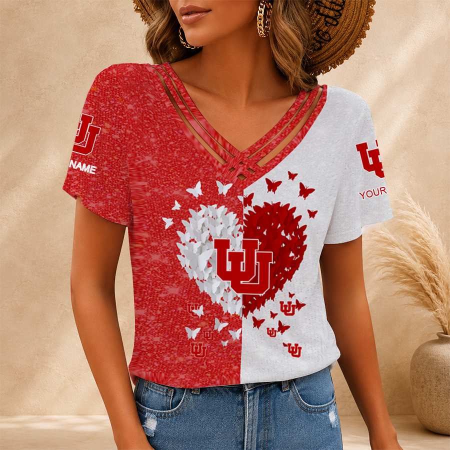 [FAN FAVORITE] NEW CUSTOMIZED NCAA FBS25 UTU UTAH UTES V-NECK SHIRT