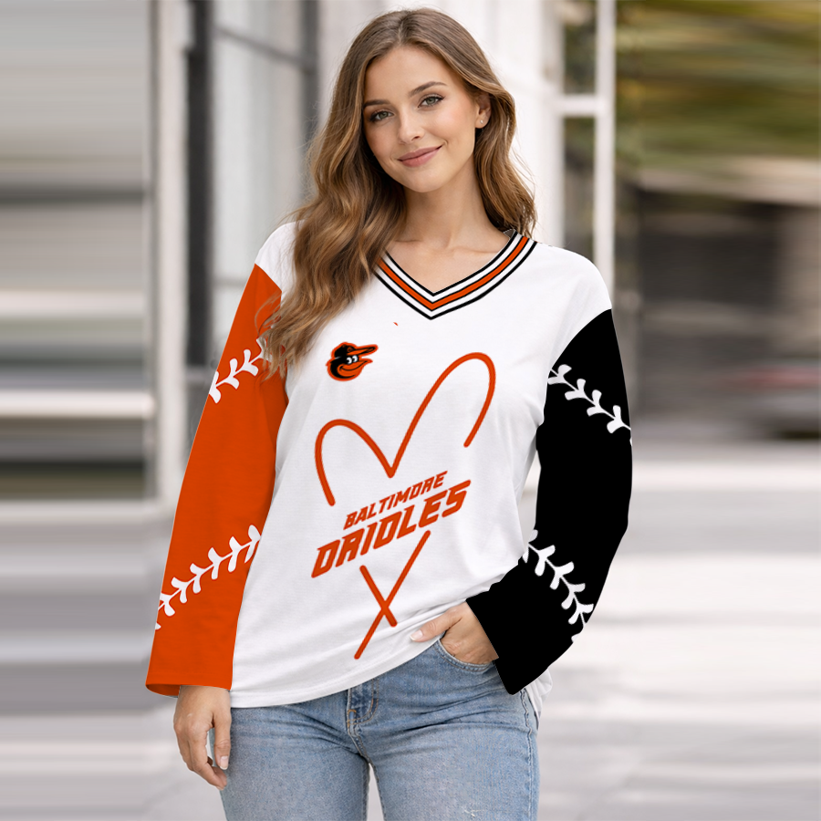 LIMITED EDITION - NEW CUSTOMIZED MLB25 BOS BALTIMORE ORIOLES WOMEN'S HEART V-NECK LONG SLEEVE SHIRT