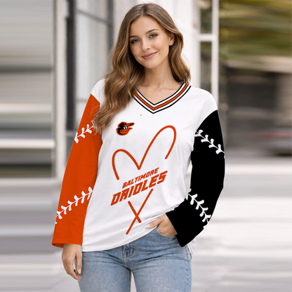LIMITED EDITION - NEW CUSTOMIZED MLB25 BOS BALTIMORE ORIOLES WOMEN'S HEART V-NECK LONG SLEEVE SHIRT