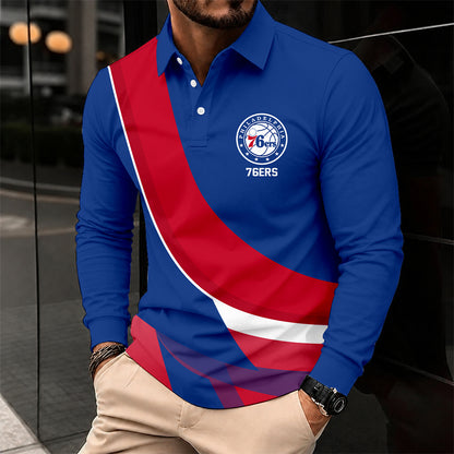 [HOT DEAL] NEW CUSTOMIZED NBA26 P76 PHILADELPHIA 76ERS MEN LONG SLEEVE POLO