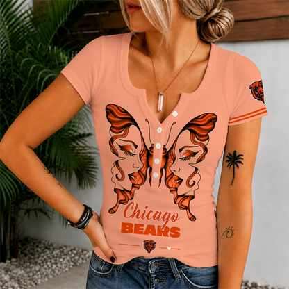 [SPECIAL OFFER] NEW CUSTOMIZED NFL26 CCB CHICAGO BEARS WOMEN'S SHORT SLEEVE HENLEY T-SHIRT