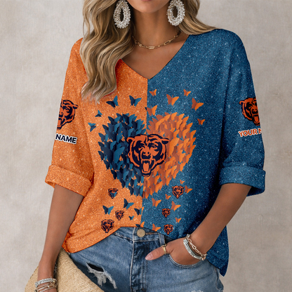 LIMITED EDITION - NEW CUSTOMIZED NFL26 CCB CHICAGO BEARS WOMEN'S HEART V-NECK LONG SLEEVE SHIRT