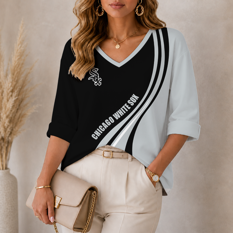 [FLASH SALE] NEW CUSTOMIZED MLB26 CWS CHICAGO WHITE SOX WOMEN'S HEART V-NECK LONG SLEEVE SHIRT