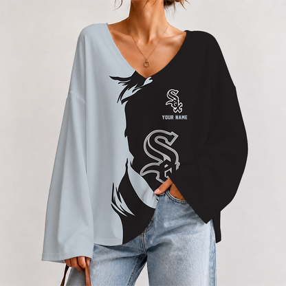 [FLASH SALE] NEW CUSTOMIZED MLB26 CWS CHICAGO KHAKI SOX V-NECK LONG SLEEVED CROP TOP