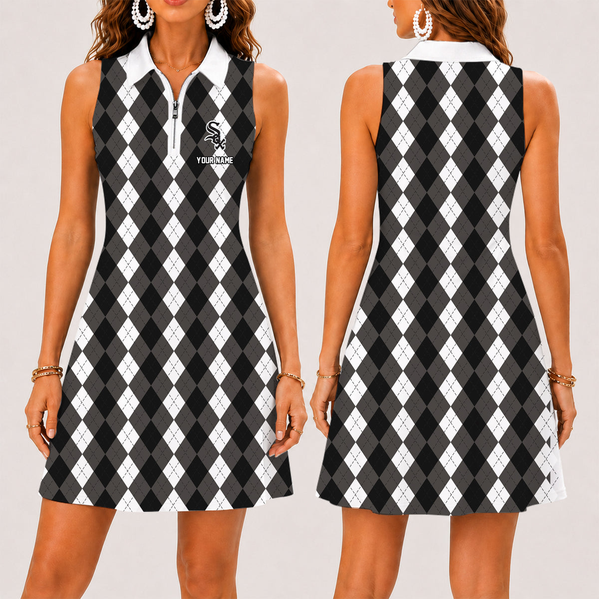 [FLASH SALE] NEW CUSTOMIZED MLB26 CWS CHICAGO KHAKI SOX WOMEN'S ZIP SLEEVELESS POLO DRESS