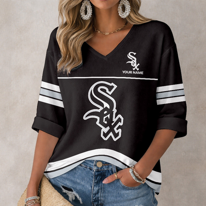 LIMITED EDITION - NEW CUSTOMIZED MLB26 CWS CHICAGO WHITE SOX WOMEN'S HEART V-NECK LONG SLEEVE SHIRT