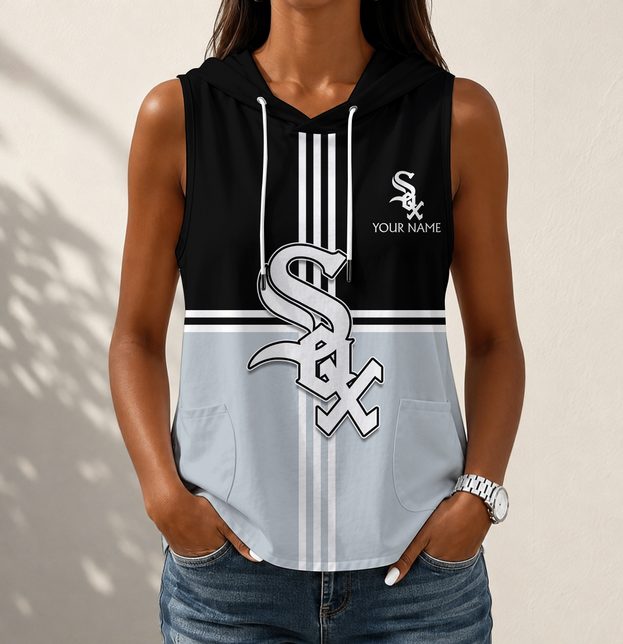 LIMITED EDITION - NEW CUSTOMIZED MLB26 CWS CHICAGO WHITE SOX WOMEN'S SLEEVELESS HOODED POCKET TANK TOP