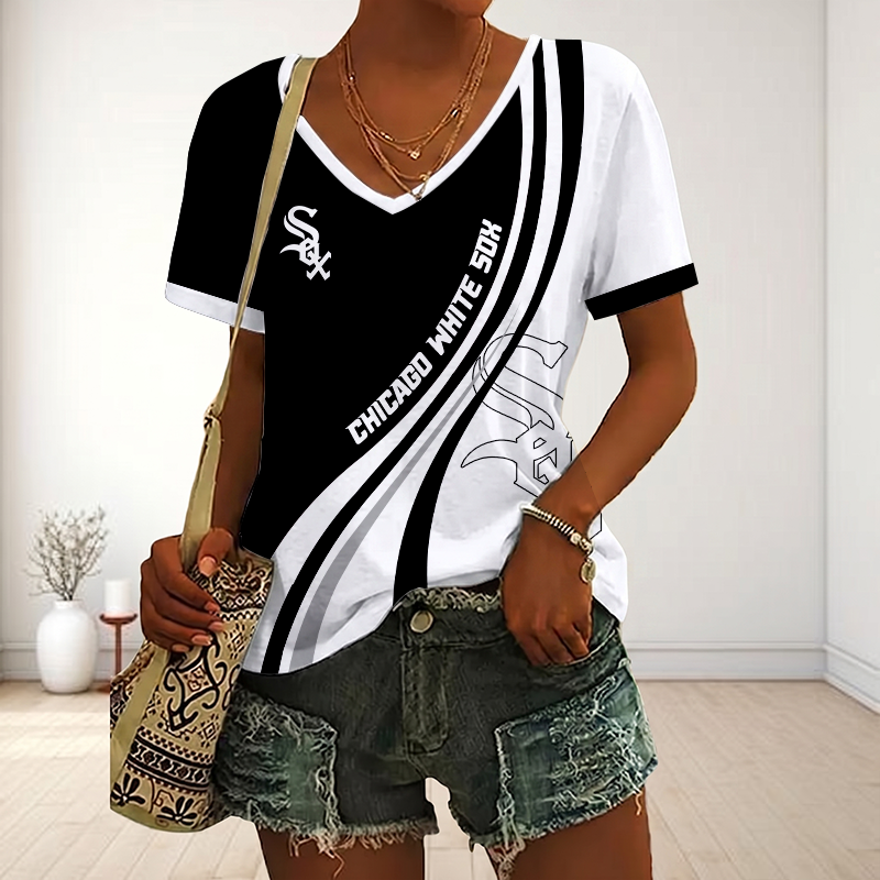 LIMITED EDITION - NEW CUSTOMIZED MLB26 CWS CHICAGO WHITE SOX V-NECK FEMALE SHIRT