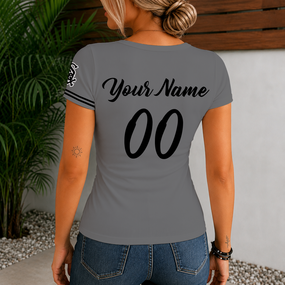 [FLASH SALE] NEW CUSTOMIZED MLB26 CWS CHICAGO KHAKI SOX WOMEN'S SHORT SLEEVE HENLEY T-SHIRT