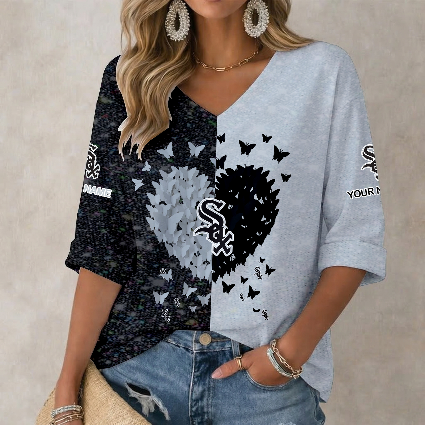 LIMITED EDITION - NEW CUSTOMIZED MLB26 CWS CHICAGO WHITE SOX WOMEN'S HEART V-NECK LONG SLEEVE SHIRT