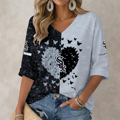 LIMITED EDITION - NEW CUSTOMIZED MLB26 CWS CHICAGO WHITE SOX WOMEN'S HEART V-NECK LONG SLEEVE SHIRT