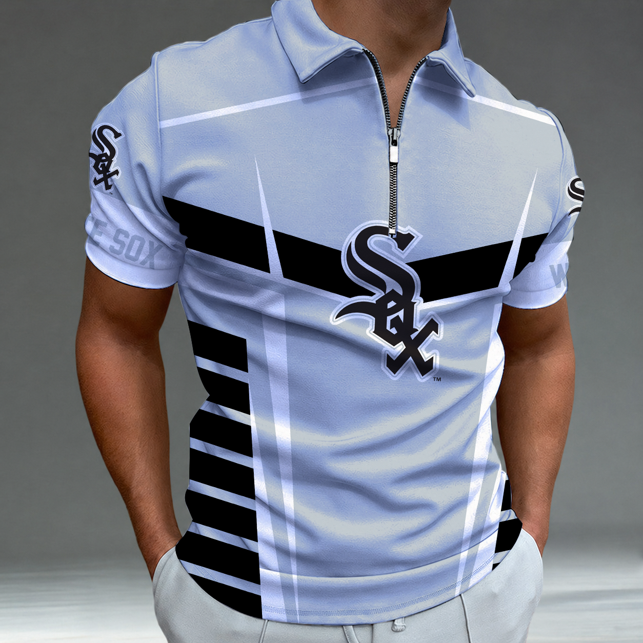 LIMITED EDITION - NEW CUSTOMIZED MLB26 CWS CHICAGO WHITE SOX ZIP POLO SHIRT
