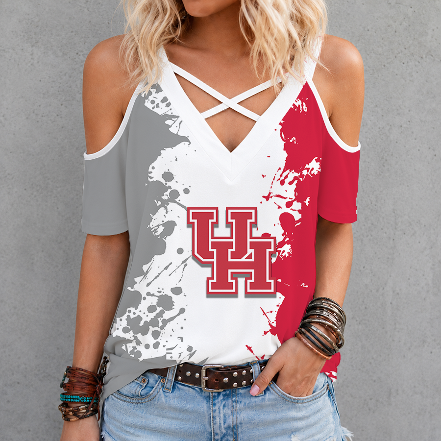[FAN FAVORITE] NEW CUSTOMIZED NCAA MAM26 HOC HOUSTON COUGARS CRISS CROSS V-NECK TOP