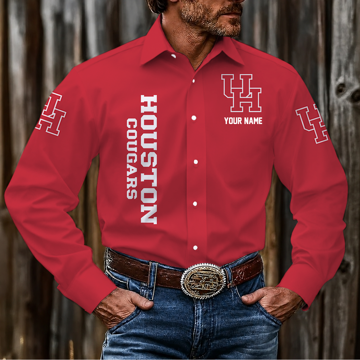EXCLUSIVE EDITION - NEW CUSTOMIZED NCAA MAM26 HOC HOUSTON COUGARS MEN'S LONG SLEEVE BUTTON-UP SHIRT