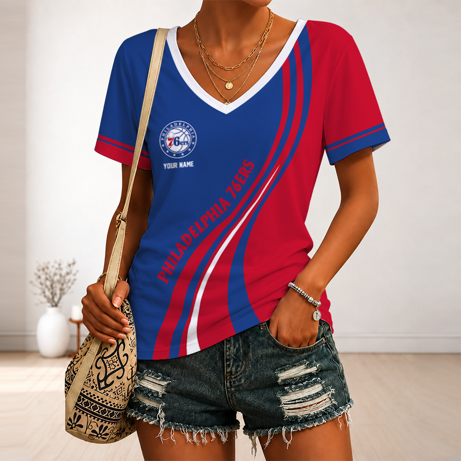 [HOT DEAL] NEW CUSTOMIZED NBA26 P76 PHILADELPHIA 76ERS V-NECK FEMALE SHIRT