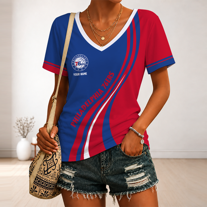 [HOT DEAL] NEW CUSTOMIZED NBA26 P76 PHILADELPHIA 76ERS V-NECK FEMALE SHIRT