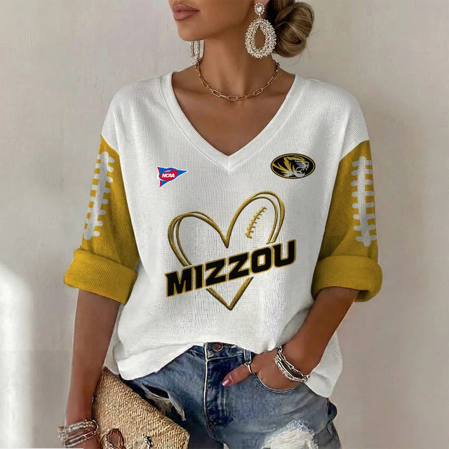 ELITE EDITION - NEW CUSTOMIZED NCAA FBS26 MST MISSOURI TIGERS WOMEN'S HEART V-NECK LONG SLEEVE SHIRT