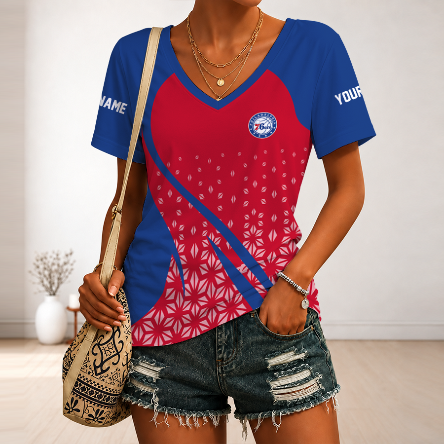 [HOT DEAL] NEW CUSTOMIZED NBA26 P76 PHILADELPHIA 76ERS V-NECK FEMALE SHIRT