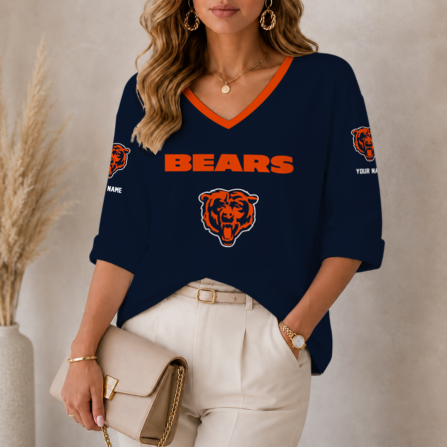 [SPECIAL OFFER] NEW CUSTOMIZED NFL26 CCB CHICAGO BEARS WOMEN'S HEART V-NECK LONG SLEEVE SHIRT