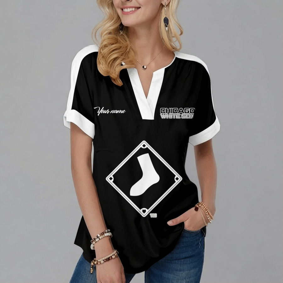 [FLASH SALE] NEW CUSTOMIZED MLB26 CWS CHICAGO WHITE SOX V-NECK FEMALE SHIRT