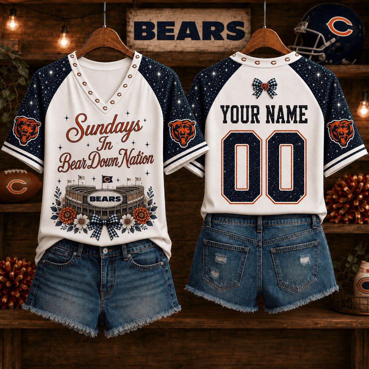 EXCLUSIVE EDITION - NEW CUSTOMIZED NFL26 CCB CHICAGO BEARS V-NECK FEMALE SHIRT