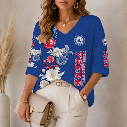 [HOT DEAL] NEW CUSTOMIZED NBA26 P76 PHILADELPHIA 76ERS WOMEN'S V-NECK LONG SLEEVE SHIRT
