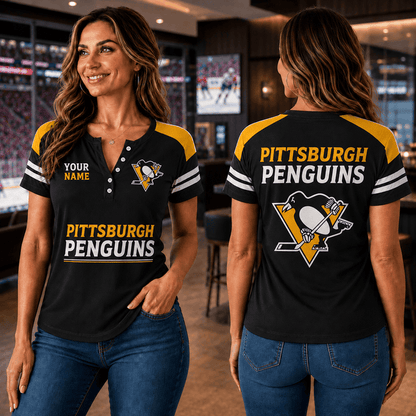 SPECIAL EDITION - NEW CUSTOMIZED NHL26 PBP PITTSBURGH PENGUINS WOMEN'S SHORT SLEEVE HENLEY T-SHIRT