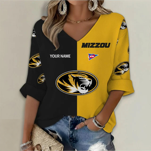 ELITE EDITION - NEW CUSTOMIZED NCAA FBS26 MST MISSOURI TIGERS WOMEN'S HEART V-NECK LONG SLEEVE SHIRT