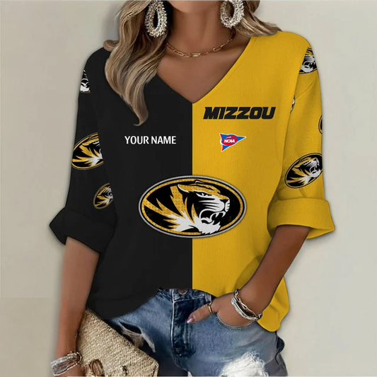 ELITE EDITION - NEW CUSTOMIZED NCAA FBS26 MST MISSOURI TIGERS WOMEN'S HEART V-NECK LONG SLEEVE SHIRT