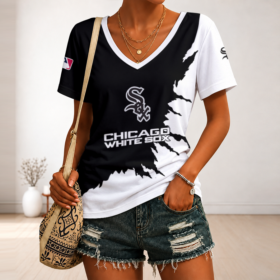 [FLASH SALE] NEW CUSTOMIZED MLB26 CWS CHICAGO WHITE SOX V-NECK FEMALE SHIRT