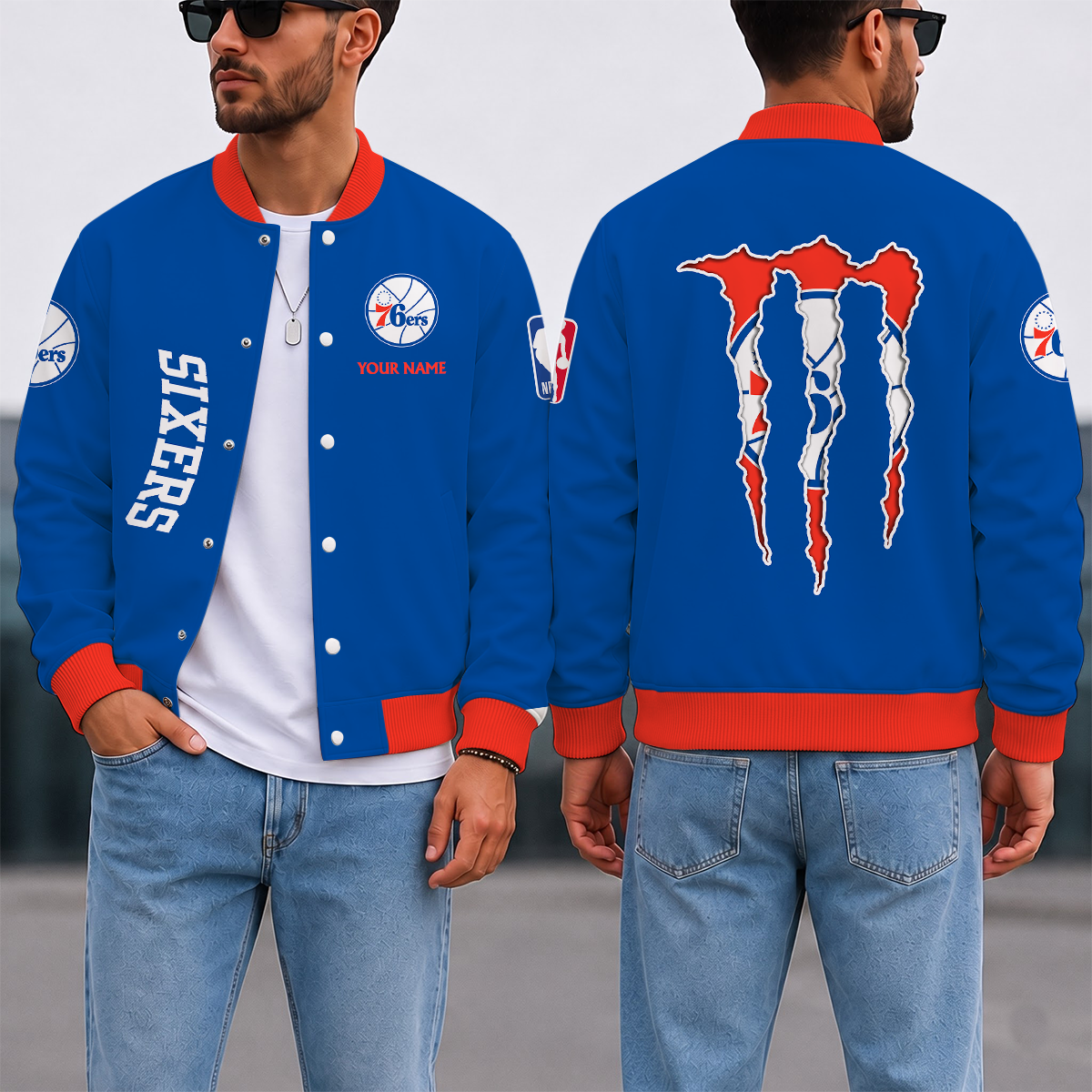 LIMITED EDITION - NEW CUSTOMIZED NBA26 P76 PHILADELPHIA 76ERS BASEBALL JACKET, SATIN VARSITY JACKET