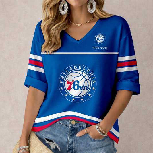 LIMITED EDITION - NEW CUSTOMIZED NBA26 P76 PHILADELPHIA 76ERS WOMEN'S HEART V-NECK LONG SLEEVE SHIRT