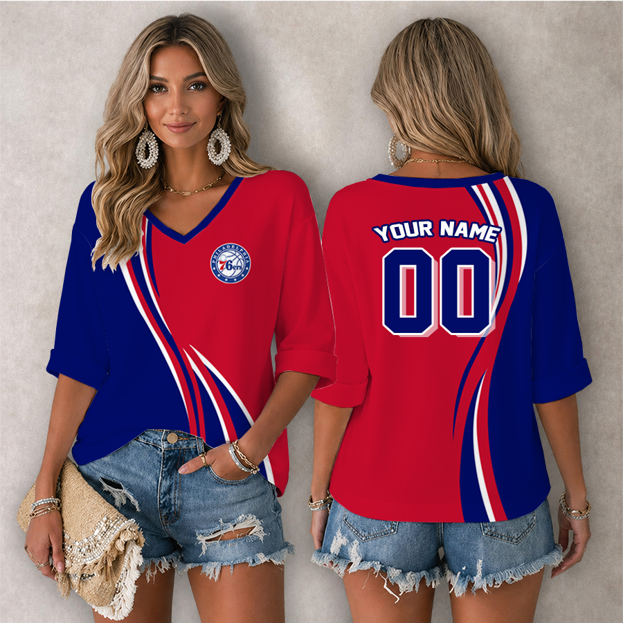 LIMITED EDITION - NEW CUSTOMIZED NBA26 P76 PHILADELPHIA 76ERS WOMEN'S HEART V-NECK LONG SLEEVE SHIRT