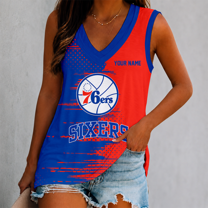 FINAL SALE - NEW CUSTOMIZED NBA26 P76 PHILADELPHIA 76ERS WOMEN'S V-NECK TANK TOP