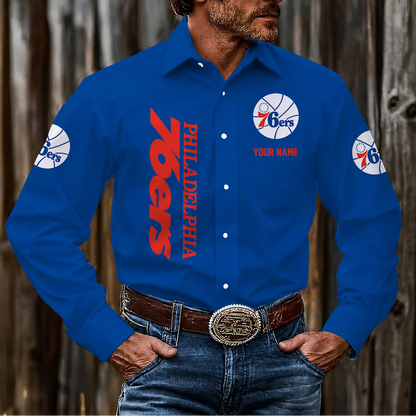 LIMITED EDITION - NEW CUSTOMIZED NBA26 P76 PHILADELPHIA 76ERS MEN'S LONG SLEEVE BUTTON-UP SHIRT