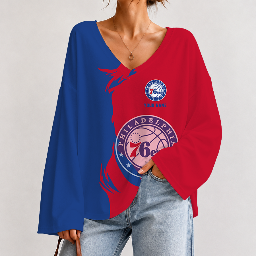 [HOT DEAL] NEW CUSTOMIZED NBA26 P76 PHILADELPHIA 76ERS V-NECK LONG SLEEVED CROP TOP
