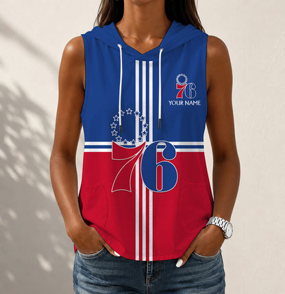 LIMITED EDITION - NEW CUSTOMIZED NBA26 P76 PHILADELPHIA 76ERS WOMEN'S SLEEVELESS HOODED POCKET TANK TOP