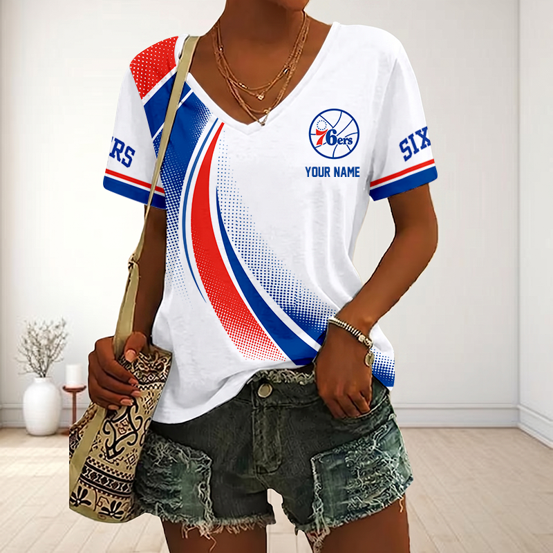 FINAL SALE - NEW CUSTOMIZED NBA26 P76 PHILADELPHIA 76ERS V-NECK FEMALE SHIRT