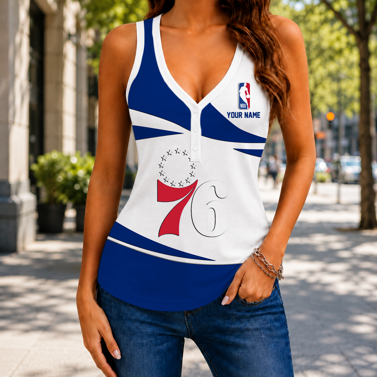 VIRAL EDITION - NEW CUSTOMIZED NBA26 P76 PHILADELPHIA 76ERS WOMEN'S V-NECK TANK TOP