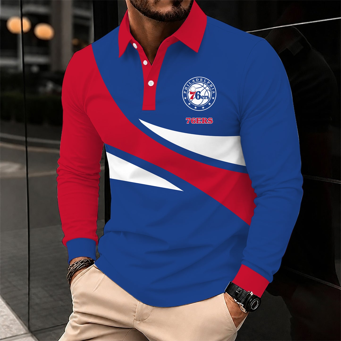 [HOT DEAL] NEW CUSTOMIZED NBA26 P76 PHILADELPHIA 76ERS MEN LONG SLEEVE POLO