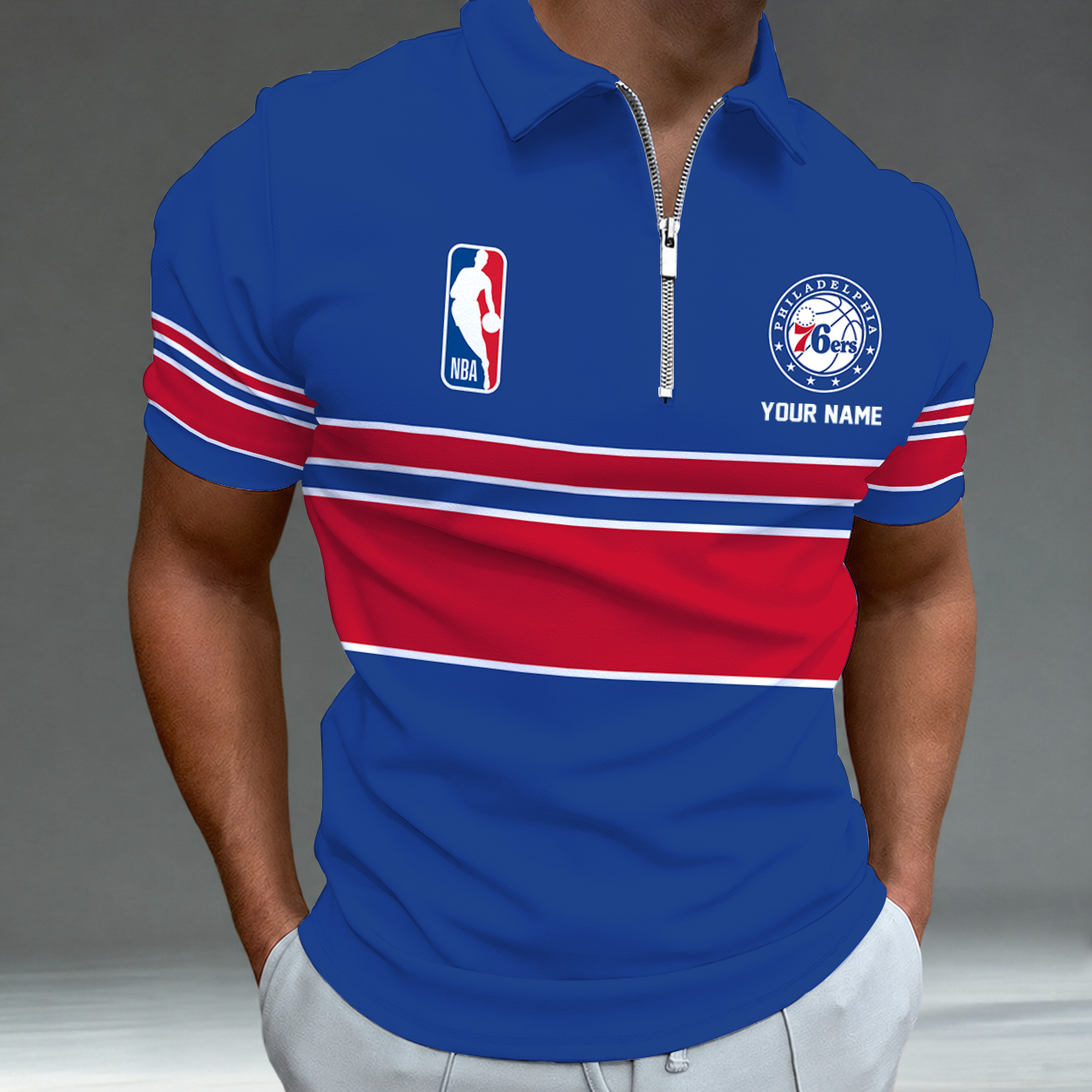 [HOT DEAL] NEW CUSTOMIZED NBA26 P76 PHILADELPHIA 76ERS ZIP POLO SHIRT