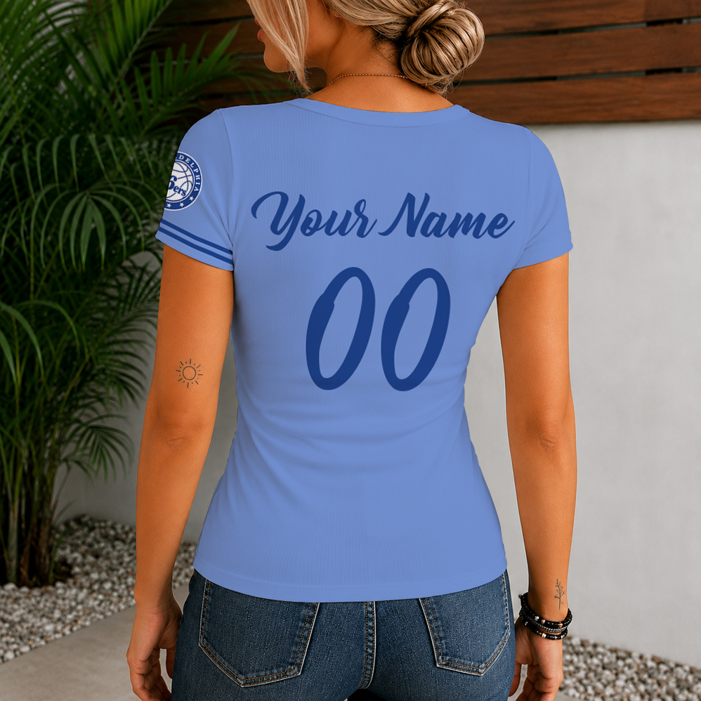[HOT DEAL] NEW CUSTOMIZED NBA26 P76 PHILADELPHIA 76ERS  WOMEN'S SHORT SLEEVE HENLEY T-SHIRT