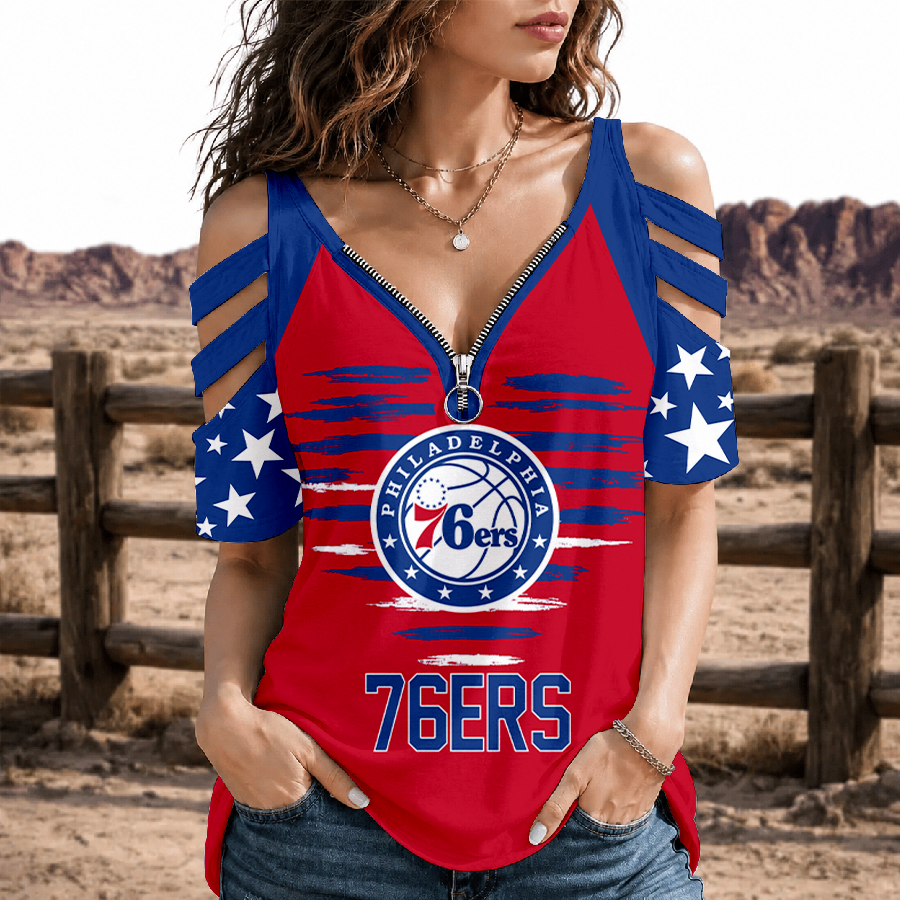 [HOT DEAL] NEW CUSTOMIZED NBA26 P76 PHILADELPHIA 76ERS STRAPPY COLD-SHOULDER TOP