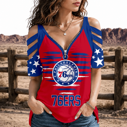 [HOT DEAL] NEW CUSTOMIZED NBA26 P76 PHILADELPHIA 76ERS STRAPPY COLD-SHOULDER TOP