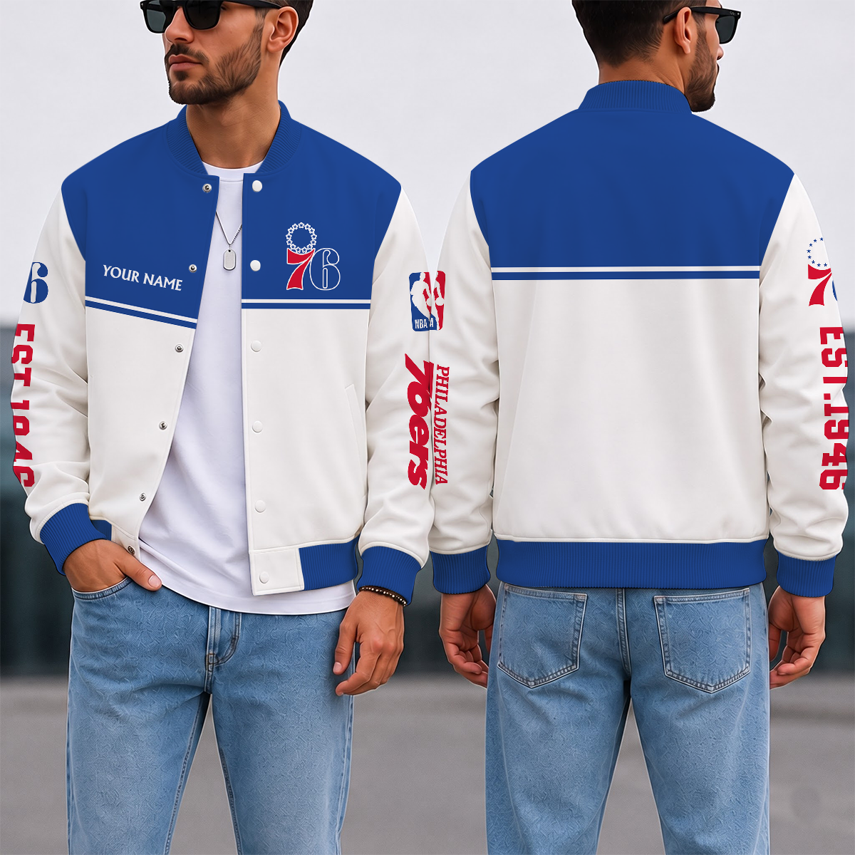 LIMITED EDITION - NEW CUSTOMIZED NBA26 P76 PHILADELPHIA 76ERS BASEBALL JACKET, SATIN VARSITY JACKET