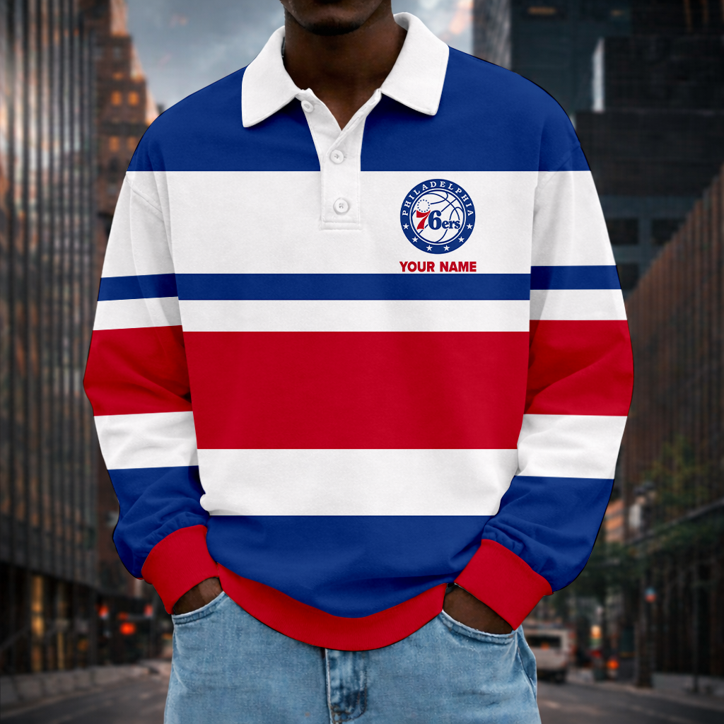 LIMITED EDITION - NEW CUSTOMIZED NBA26 P76 PH 76ERS MEN LONG SLEEVE POLO