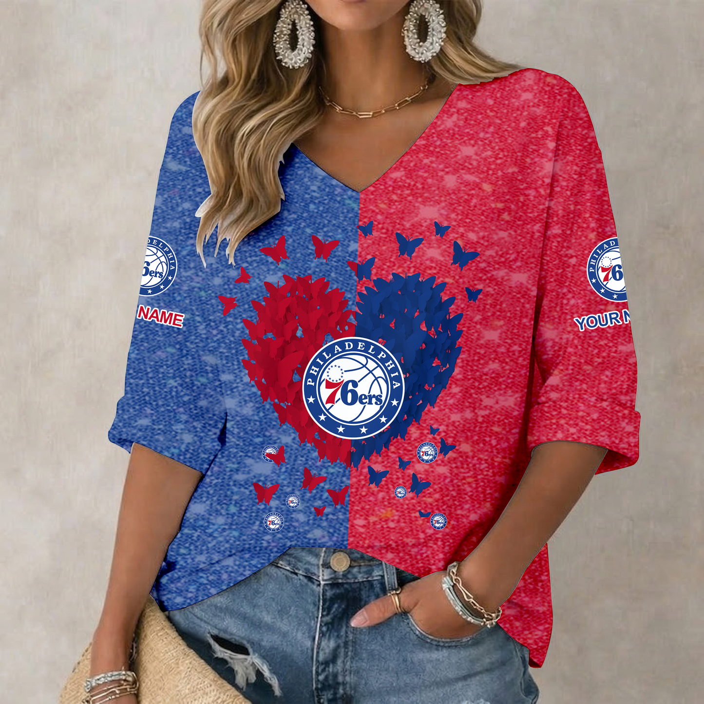 LIMITED EDITION - NEW CUSTOMIZED NBA26 P76 PHILADELPHIA 76ERS WOMEN'S HEART V-NECK LONG SLEEVE SHIRT