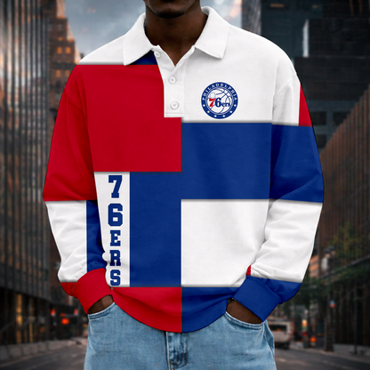 LIMITED EDITION - NEW CUSTOMIZED NBA26 P76 PHILADELPHIA 76ERS MEN LONG SLEEVE POLO