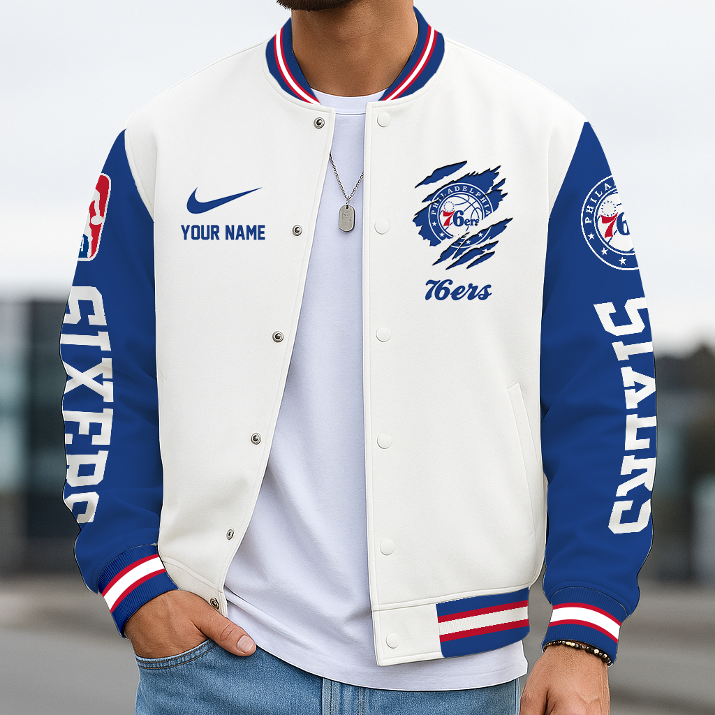 LIMITED EDITION - NEW CUSTOMIZED NBA26 P76 PH 76ERS BASEBALL JACKET, SATIN VARSITY JACKET