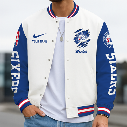 LIMITED EDITION - NEW CUSTOMIZED NBA26 P76 PH 76ERS BASEBALL JACKET, SATIN VARSITY JACKET
